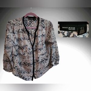 DKNY sheer long sleeve top, abstract design, contrast trim, button front, sz PL